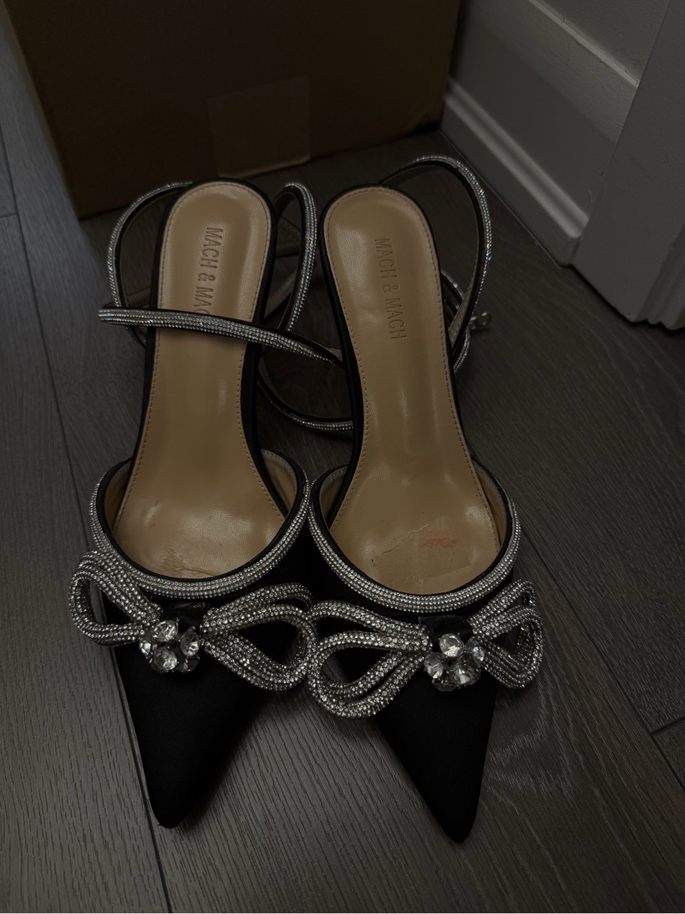 Black Satin Pointed Crystal-Embellished Slingback Heels